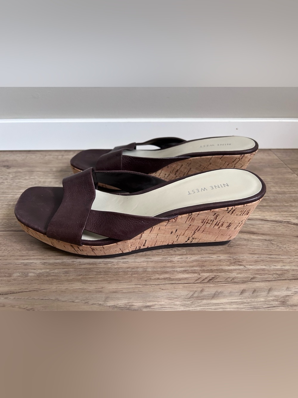 Nine West Brown leather Cork Wedge Slide Sandals summer vacation beach neutral